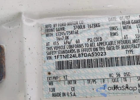 2007 Ford Econoline E250 Van z USA, uszkodzony, nr VIN 1FTNE24L87DA53023